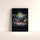 Dripster Billions Season 3 poster featuring main cast around a table with dark background